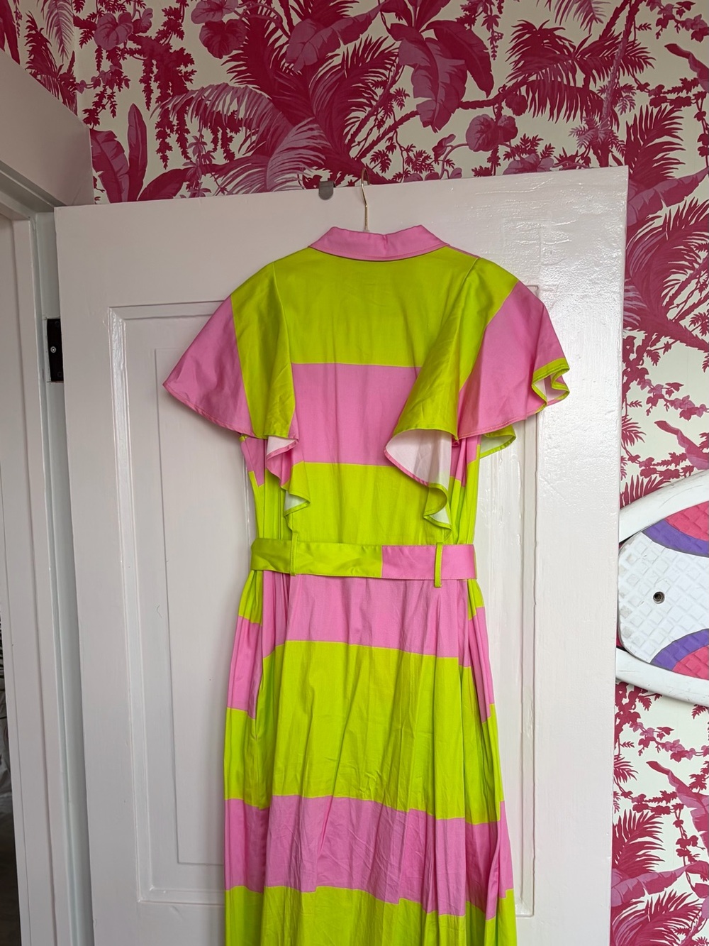 Bright Pink and Lime Striped Maxi Dress with Belt